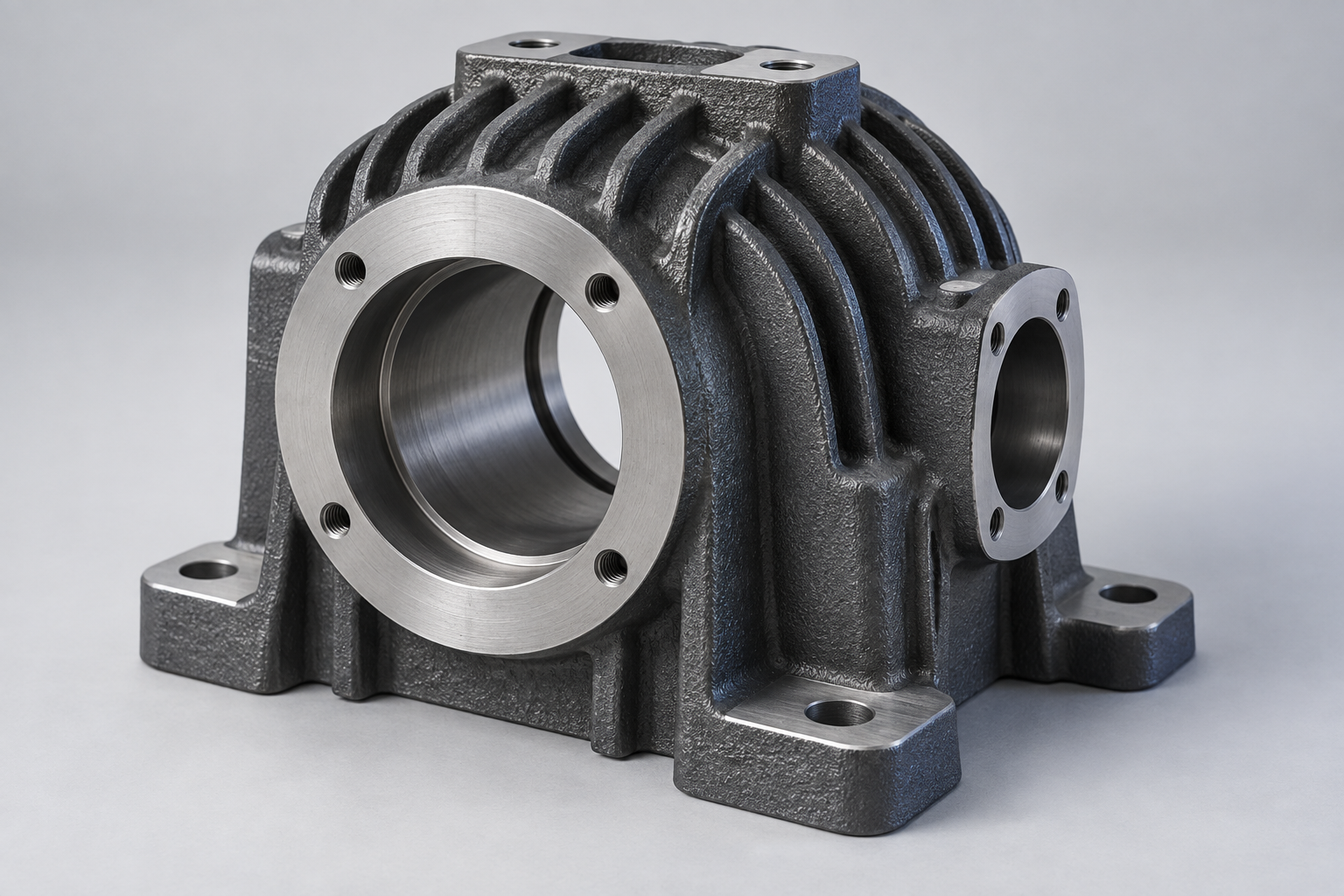 Representative ribbed cast-iron housing with machined bores and mounting flanges.