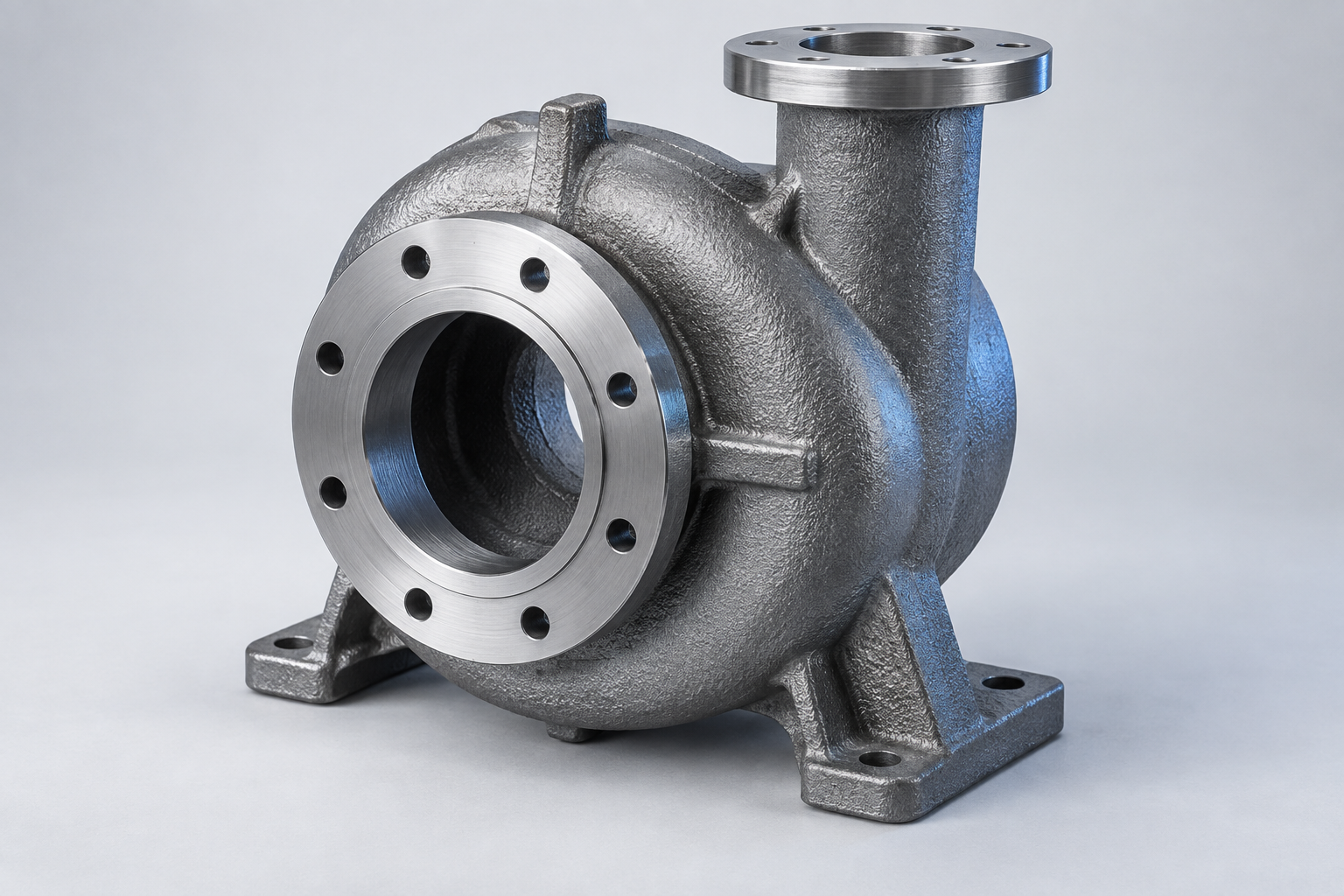 Representative cast-steel pump housing with rough cast texture and machined flange faces.