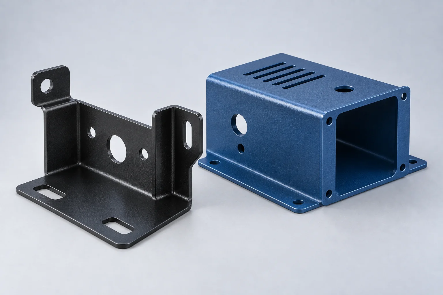 Illustrative black powder-coated bracket and blue metal enclosure on a pale studio background.