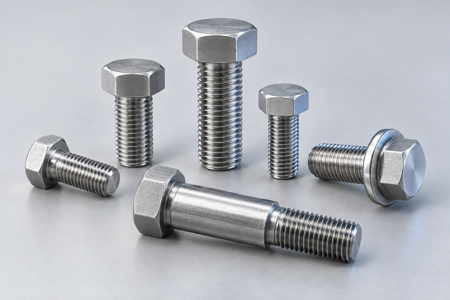 Representative group of steel fasteners with hex heads, flanges and visible threads.