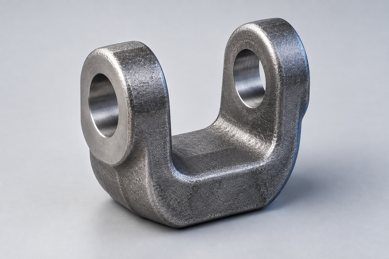 Representative steel clevis forging with forged texture and finish-machined bores.