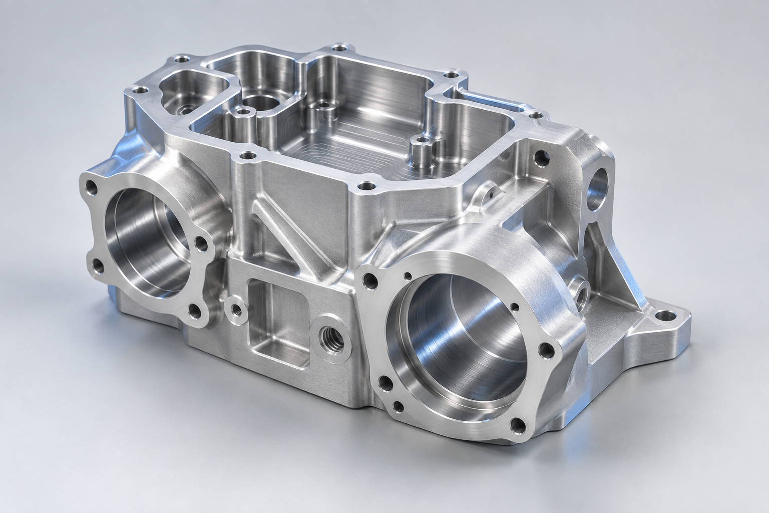 Representative CNC-machined metal housing with milled pockets, ribs and bores.