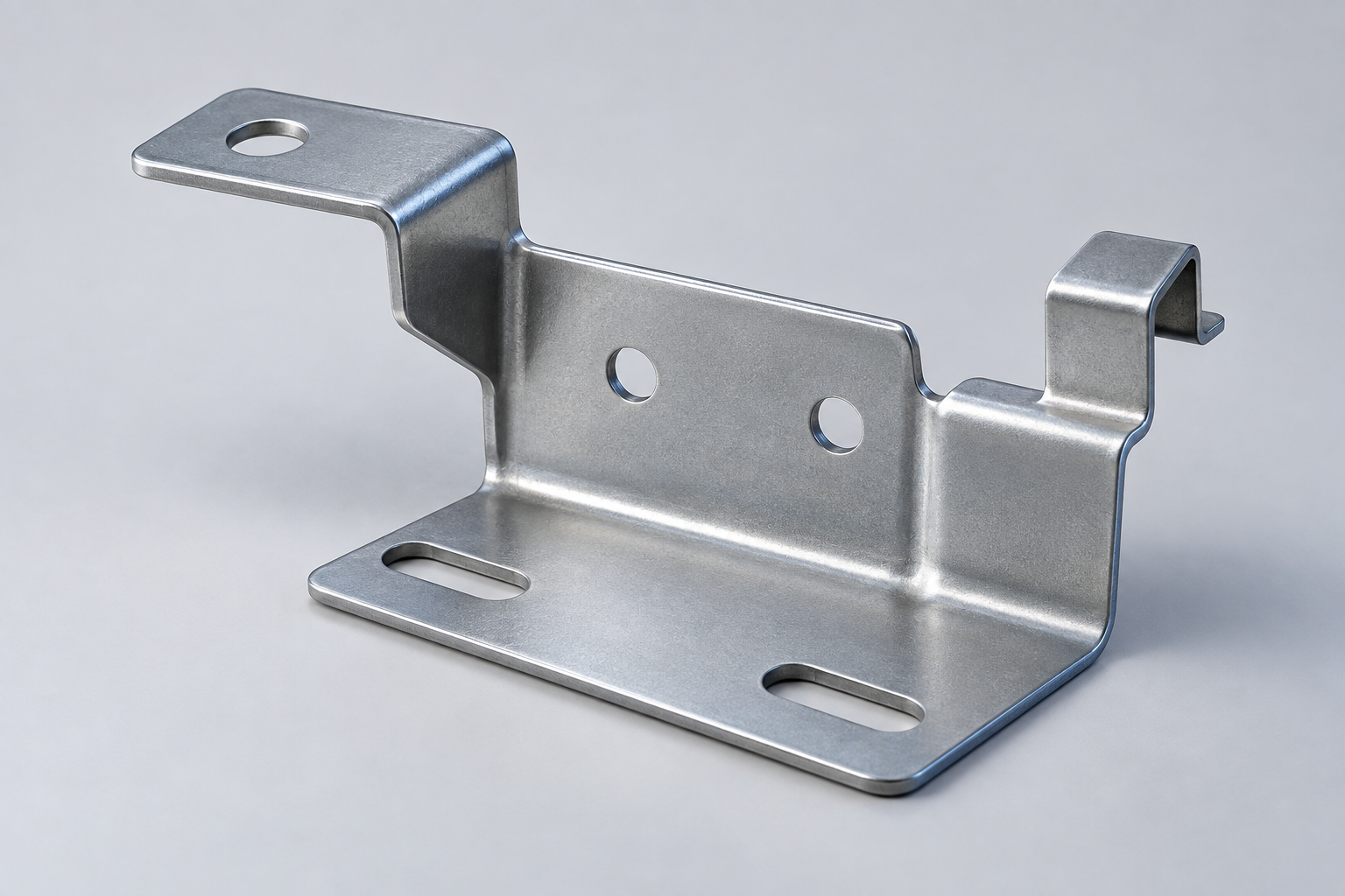 Representative formed sheet-metal bracket with pierced openings and a folded clip tab.