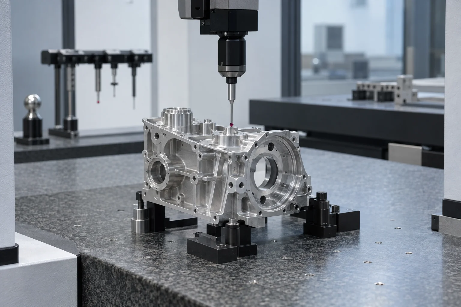 A coordinate-measuring machine probe checks a machined aluminum component on a granite table.