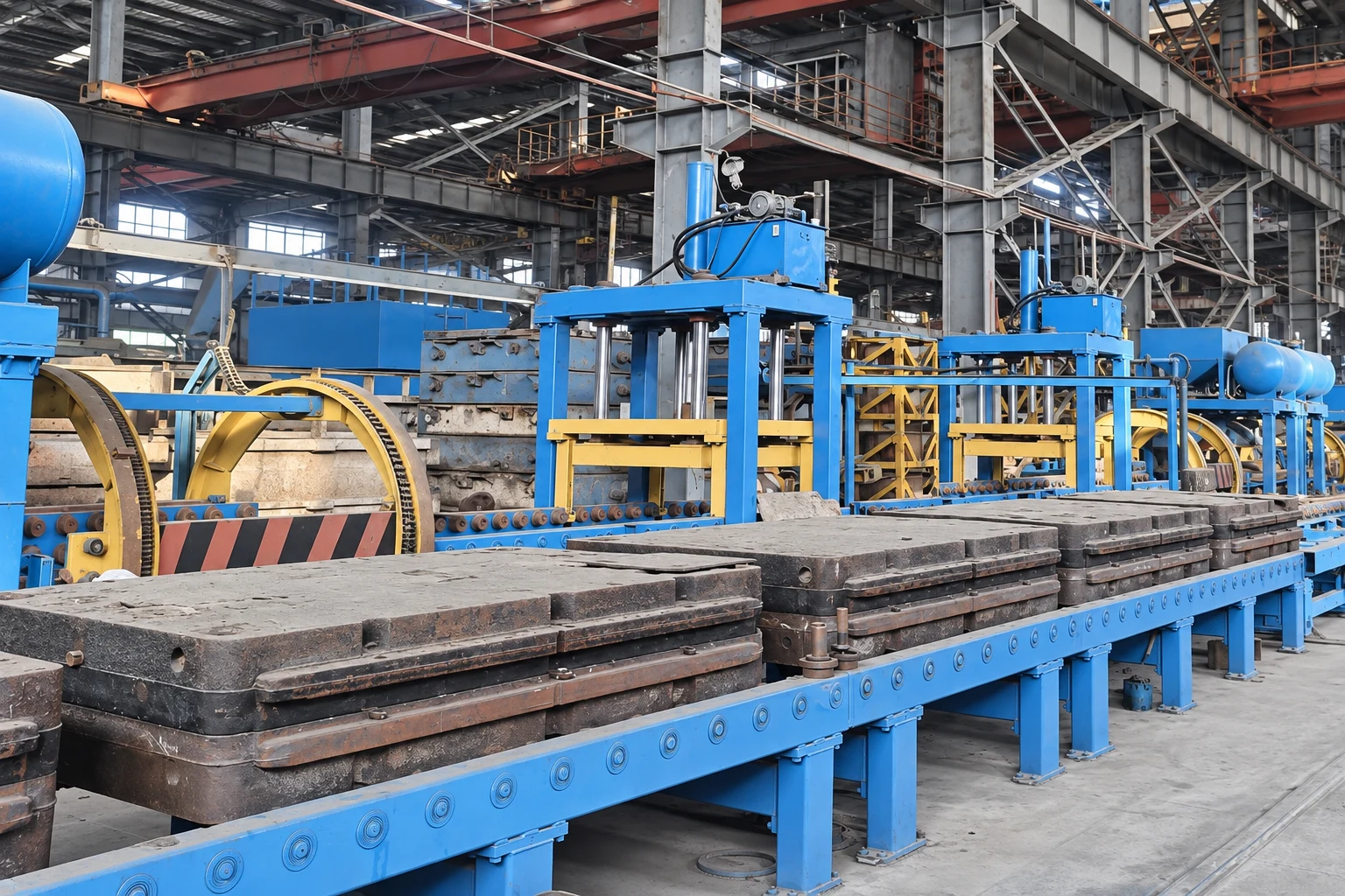 Edited brochure photograph of a sand-casting production line.