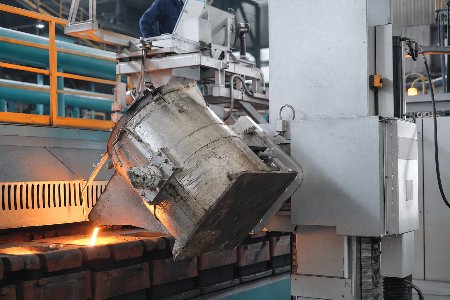 Edited brochure photograph of molten metal being poured into casting molds.